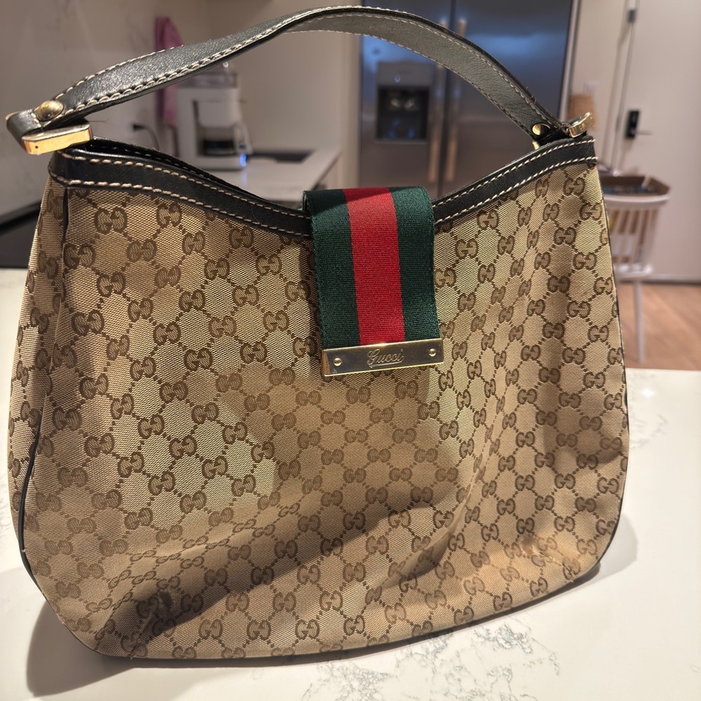 Gucci web hobo monogrammed leather trim bag